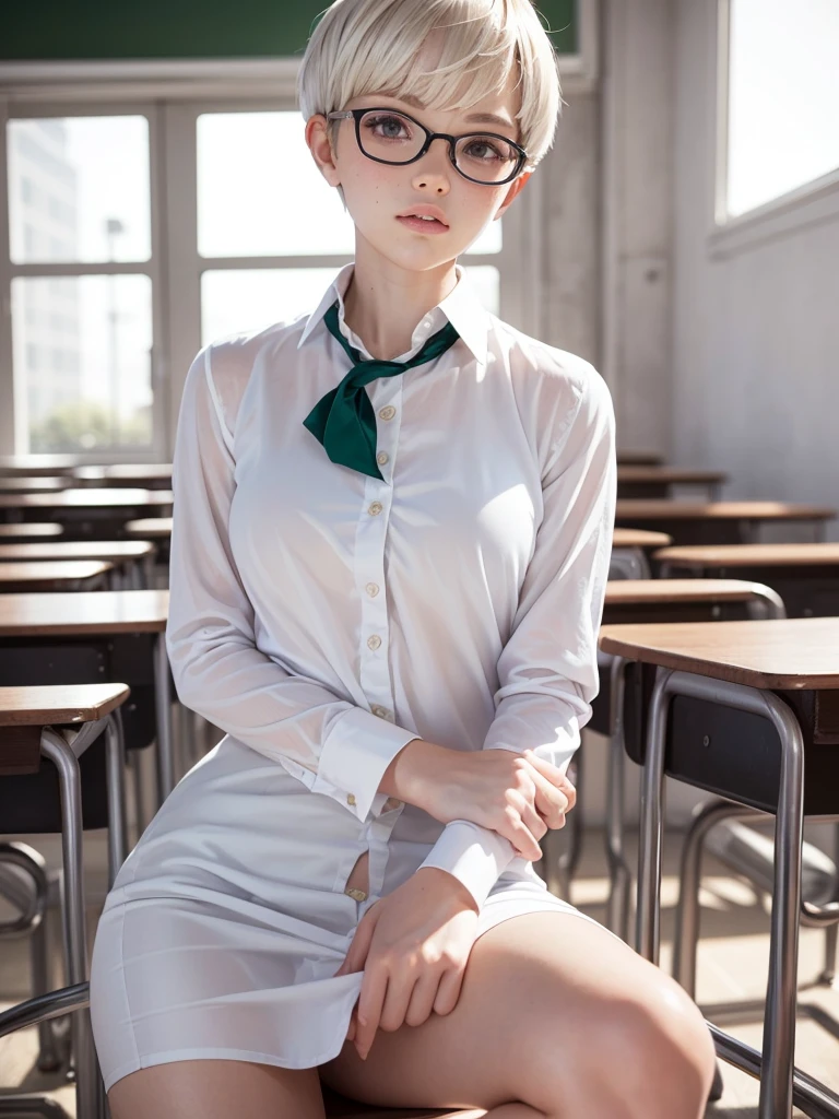 1girl, elegant bearing, small, slender muscle build, tall height, muscle shoulders, pale skin dotted by freckles, short platinum blonde hair, (((pixie cut hairstyle))), (((boyish hair))), (dark green eyes), silver glasses, cute facial features with an underlying elegance, thin lips, big breasts, youthful teen girl, RAW photo, ((muscle body: 1)), (HQ skin: 1.4), 8k uhd, soft light, high quality, ((school uniform, white dress shirt, gold accents, (looking at viewer:1.4), classroom
