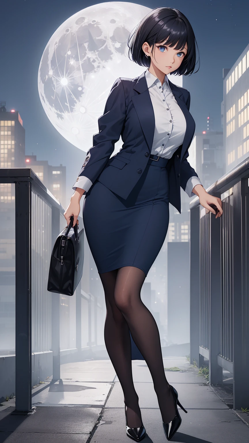 masterpiece, best quality, high detail, beautiful business woman, wavy hair, dark brown hair, business suit, black blazer, ((red blouse)), ((black midi pencil skirt)), long black pencil skirt, ((black skirt)), heels, looking at viewer, rainy backdrop, storm, clouds, city alley at night,