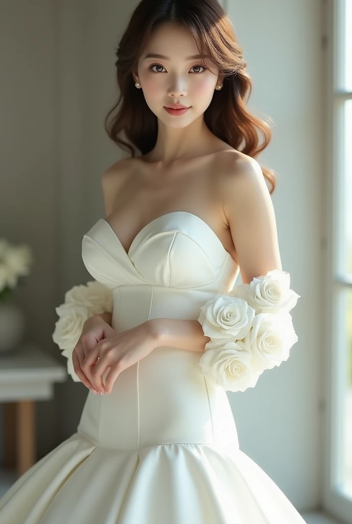 (masterpiece), (best quality), 8k resolution, 1girl, stunning beauty, perfect face, mature female, 20yo, sexy, dress, bare shoulder, low-cut dress, lots of flowers background