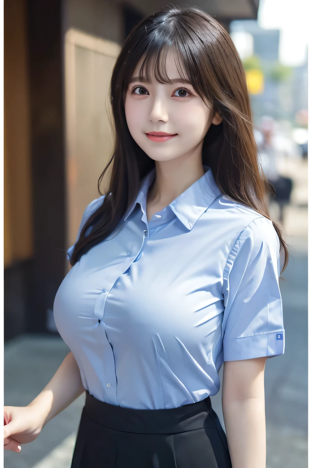 Best quality, Masterpiece, 超高分辨率, RAW photo, (Photorealistic:1.4), 1girll, Detailed face, Cowboy shot, in library(White shirt with blue collar, Blue sport shorts),Large breasts,Unbuttoned clothes,cleavage,(Narrow waist:1.2), Long hair, In the library, Bokeh, Beautiful lighting, model posing,Smile，