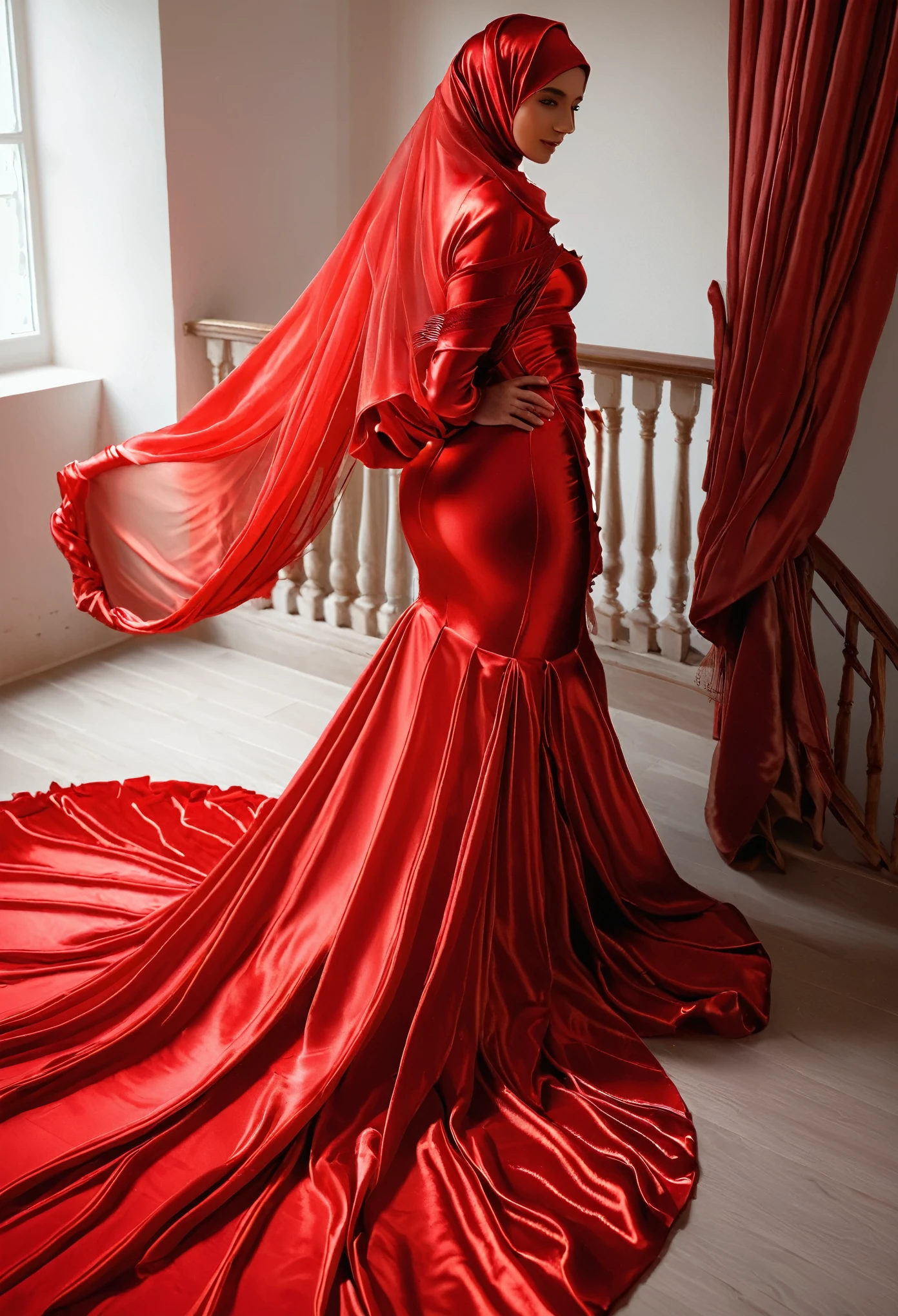 A woman shrouded in a 10-meter-long, plush red semi transparent satin shimmer cloth, tightly bound and grandly draping along the form of her body, poof style on the bottom outfit, flowing off into a pooled floor-length train, styled in a mermaid-inspired outfit, her head modestly veiled in a satin hijab, tall woman, walking in balcony, a full-body pose conveying a sense of mysterious elegance, captured in a 4k resolution, ultra-realistic
