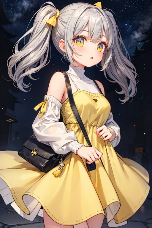 1 woman,Pretty girl,Star hairpin, Big star head, pigtails, gray hair, Gray hair,Two-pronged hair, Yellow knit, Yellow knit dress, white bag, Side-strap bag, 