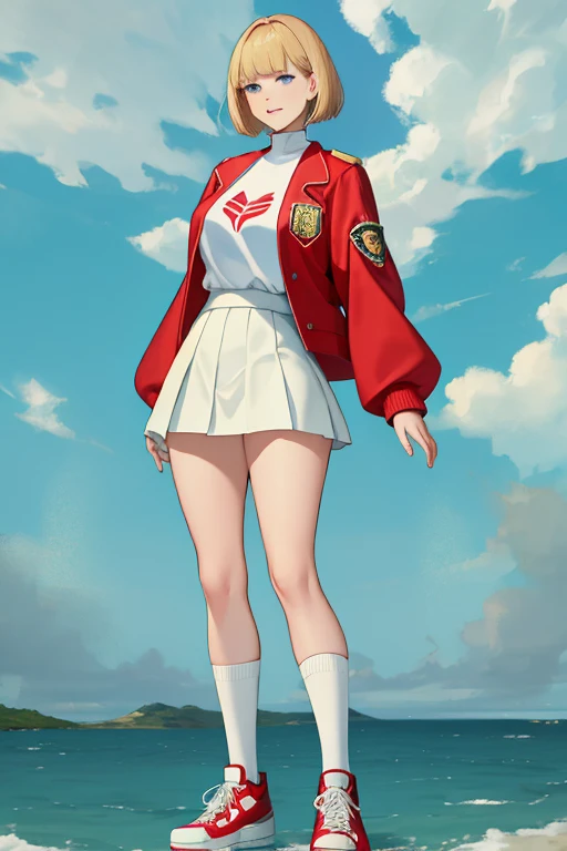 elegant young woman with short blonde bangs, blue eyes, thin lips, round face, wearing a red jacket with long yellow sleeves, white t-shirt, short blue skirt, knee-high white socks with a white stripe at the top, red sneakers, large breasts, wide hips, thick thighs, mischievous smile, university campus setting, illustration, anatomically correct, precise, high detail, high quality