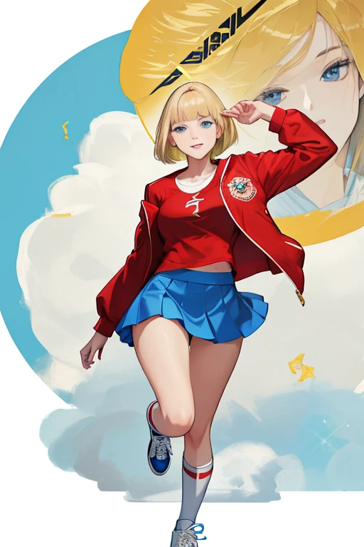 elegant young woman with short blonde bangs, blue eyes, thin lips, round face, wearing a red jacket with long yellow sleeves, white t-shirt, short blue skirt, knee-high white socks with a white stripe at the top, red sneakers, large breasts, wide hips, thick thighs, mischievous smile, university campus setting, illustration, anatomically correct, precise, high detail, high quality