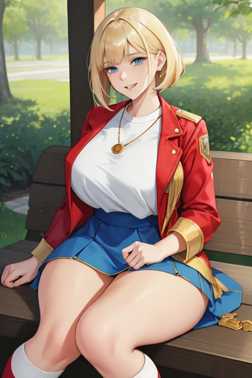 A beautiful young woman with short blonde bangs, piercing blue eyes, delicate thin lips, and a round, youthful face, wearing a red jacket with long yellow sleeves, a white t-shirt, a short blue skirt, knee-high white socks with a white stripe at the top, and red sneakers. She has a mischievous smile on her face and a curvy, voluptuous figure with large breasts, wide hips, and thick thighs. The scene is set on a university campus, rendered as a highly detailed, anatomically correct illustration of exceptional quality and precision.