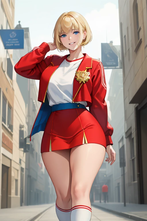 A beautiful young woman with short blonde bangs, piercing blue eyes, delicate thin lips, and a round, youthful face, wearing a red jacket with long yellow sleeves, a white t-shirt, a short blue skirt, knee-high white socks with a white stripe at the top, and red sneakers. She has a mischievous smile on her face and a curvy, voluptuous figure with large breasts, wide hips, and thick thighs. The scene is set on a university campus, rendered as a highly detailed, anatomically correct illustration of exceptional quality and precision.