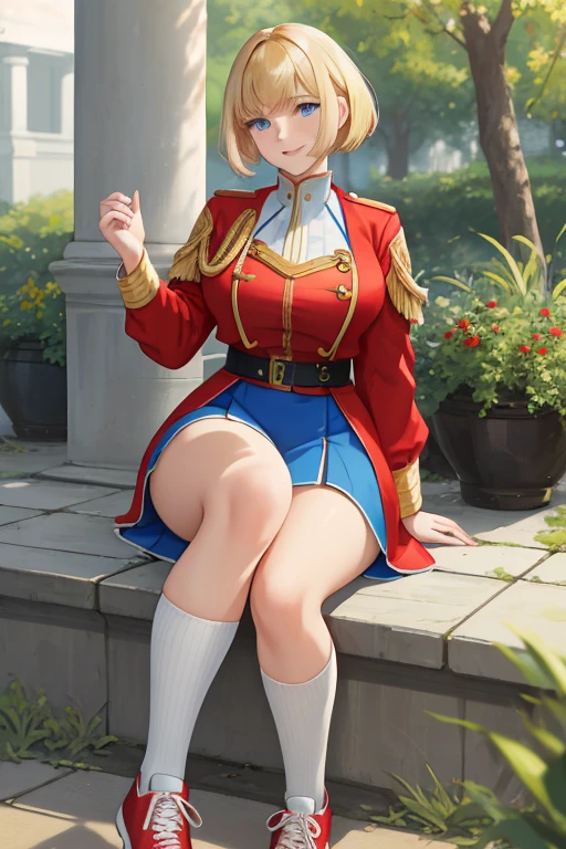 A beautiful young woman with short blonde bangs, piercing blue eyes, delicate thin lips, and a round, youthful face, wearing a red jacket with long yellow sleeves, a white t-shirt, a short blue skirt, knee-high white socks with a white stripe at the top, and red sneakers. She has a mischievous smile on her face and a curvy, voluptuous figure with large breasts, wide hips, and thick thighs. The scene is set on a university campus, rendered as a highly detailed, anatomically correct illustration of exceptional quality and precision.