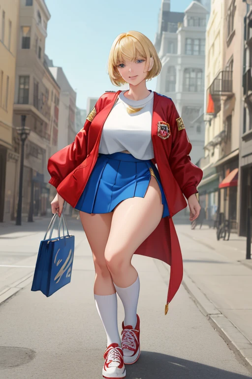 A beautiful young woman with short blonde bangs, piercing blue eyes, delicate thin lips, and a round, youthful face, wearing a red jacket with long yellow sleeves, a white t-shirt, a short blue skirt, knee-high white socks with a white stripe at the top, and red sneakers. She has a mischievous smile on her face and a curvy, voluptuous figure with large breasts, wide hips, and thick thighs. The scene is set on a university campus, rendered as a highly detailed, anatomically correct illustration of exceptional quality and precision.