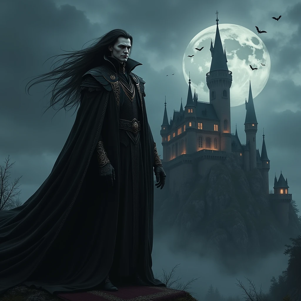 ascribed image of a man in a red cloak, standing in front of the castle, Fantasy Vampires, gothic fantasy art, Spelling, Spelling inspired, Dracula's Castle, dark fantasy artwork, dark fantasy art, Castelvania, dark fantasy concept art, dark fantasy horror art, deep crimson and dark shadows, dark fantasy art, vampire lord, an ominous fantasy illustration