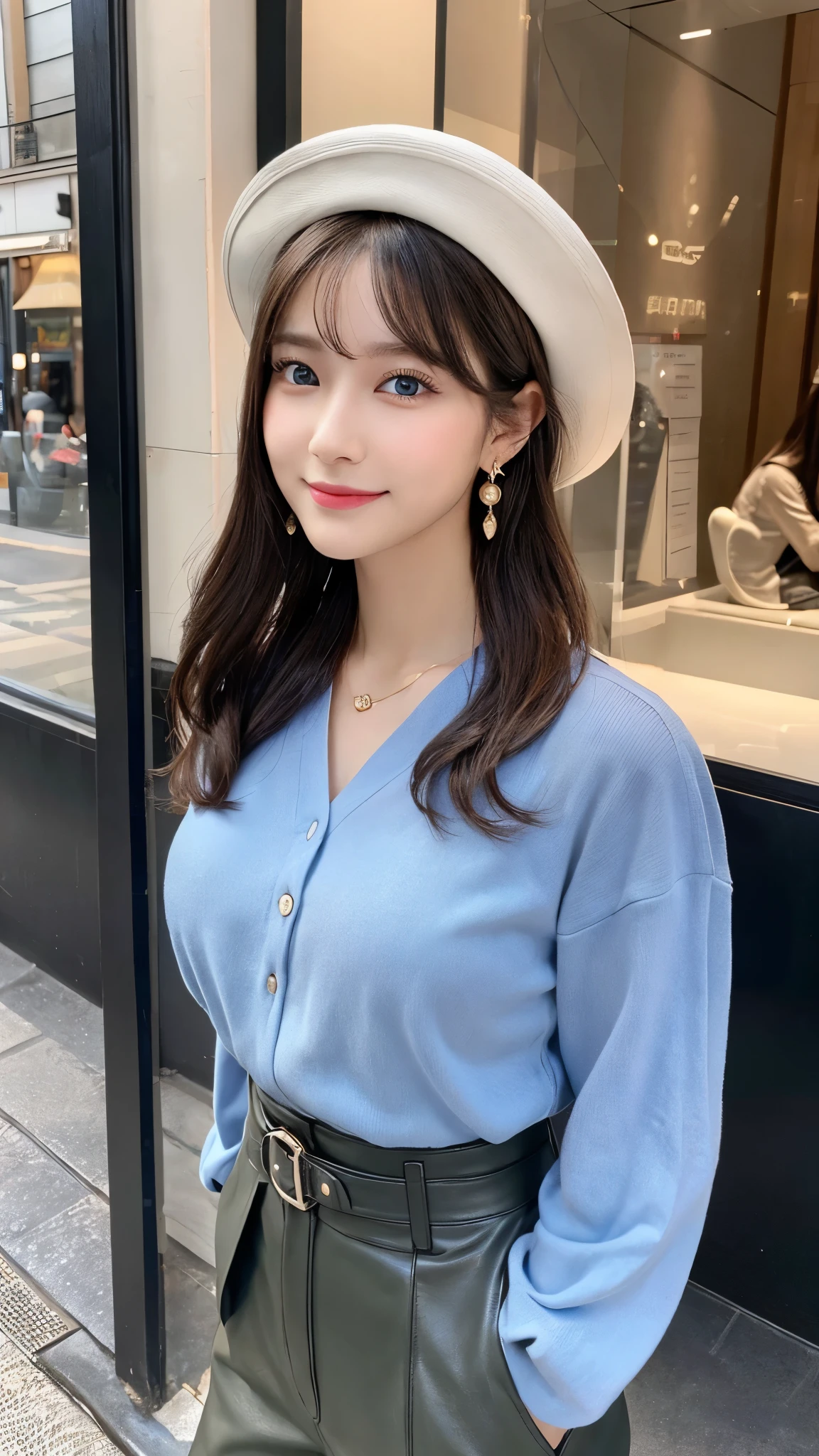 ((Top Quality, 8k, Masterpiece: 1.3)), Japan Beauty, Smiling a little, Blue sky, Sunny weather, Sun, Mountain, Summer resort, Cap, Hat, Upper eyes, Girlfriend feeling, Flirting, Back appearance, Gal, Brown hair, Sunglasses,