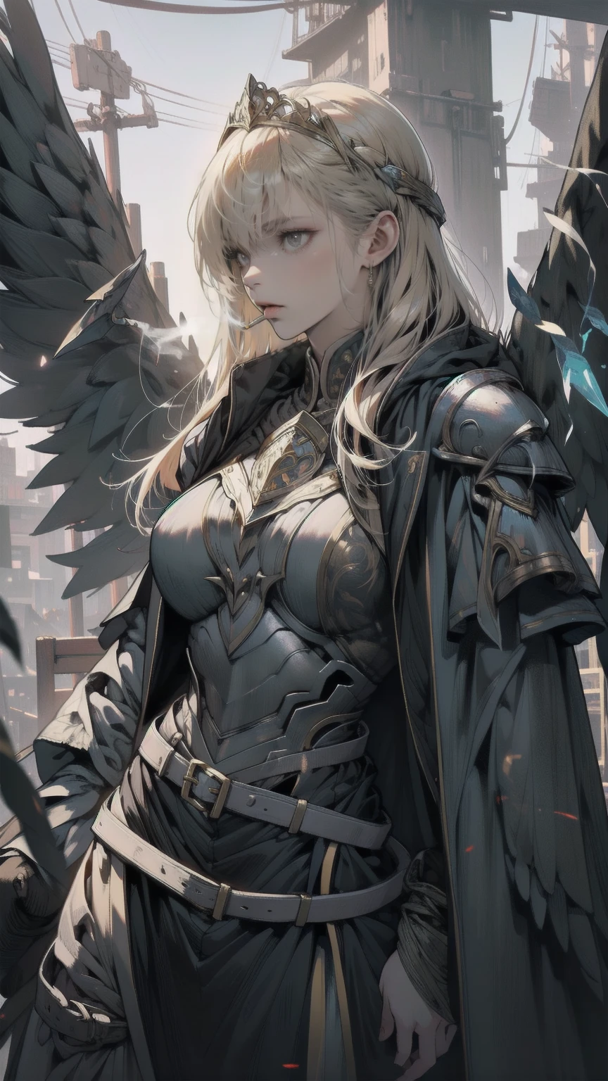 Holding a cigarette、Mysterious fantasy concept art, girl in black and Gold Armor, Gold Tiara, Gold Armor, Has a golden sword, Low Wing, Wings on the head, Multiple Wings, Winged Helmet, Glowing Sword, Glowing Rune, Conceit, Glowing Eyes, Good eyes, The pupils constrict, glowing Good eyes, tsurime, I parted my lips, magic circle, glory, glory light, glory light \(arms\), Lighting, Swirling lights are shining, gem, blue gemstone, with a dynamic and Magical background, Looking down, masterpiece, Best Quality, grow, Celestial, Mysterious, Picturesque, amazing, Majestic, Magical, Fantasy art, Cover art, Dreamy, Multilayer Texture, High resolution, High Dynamic Range, Maximum clarity and sharpness, Multilayer Texture,
