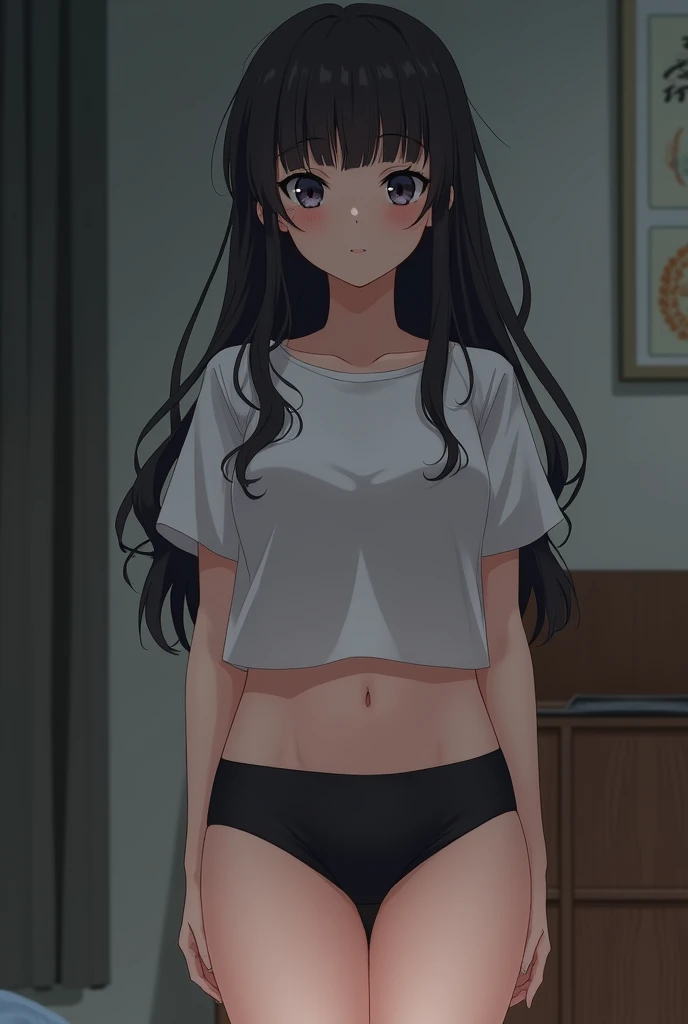 super fine illustration, vibrant colors, masterpiece, sharp focus, best quality, depth of field, cinematic lighting, ultra detailed, blush, annoyed, belly button, navel, midriff, hips, 1girl,  looking down, t-shirt, short sleeves, frilled long skirt, long hair, dark brown hair, indoors, mature woman , small breasts,