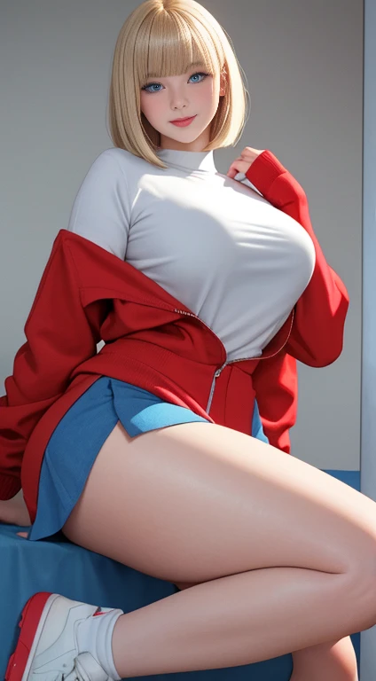 a beautiful young woman with short blonde bangs, piercing blue eyes, delicate thin lips, and a round, youthful face, wearing a red jacket with long yellow sleeves, a white t-shirt, a short blue skirt, knee-high white socks with a white stripe at the top, and red sneakers, mischievous smile, curvy, voluptuous figure with large breasts, wide hips, and thick thighs, university campus, highly detailed, anatomically correct illustration, exceptional quality, precision