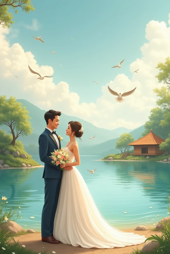 In front of a Thai house by the river, a beautiful young woman in a white dress sits holding a large white cloth and hands it to a handsome young man wearing a white shirt and white pants. He receives the cloth from the young woman. Beautiful Thai house scene, oil painting, 3D painting, art painting by Professor Chalermchai.