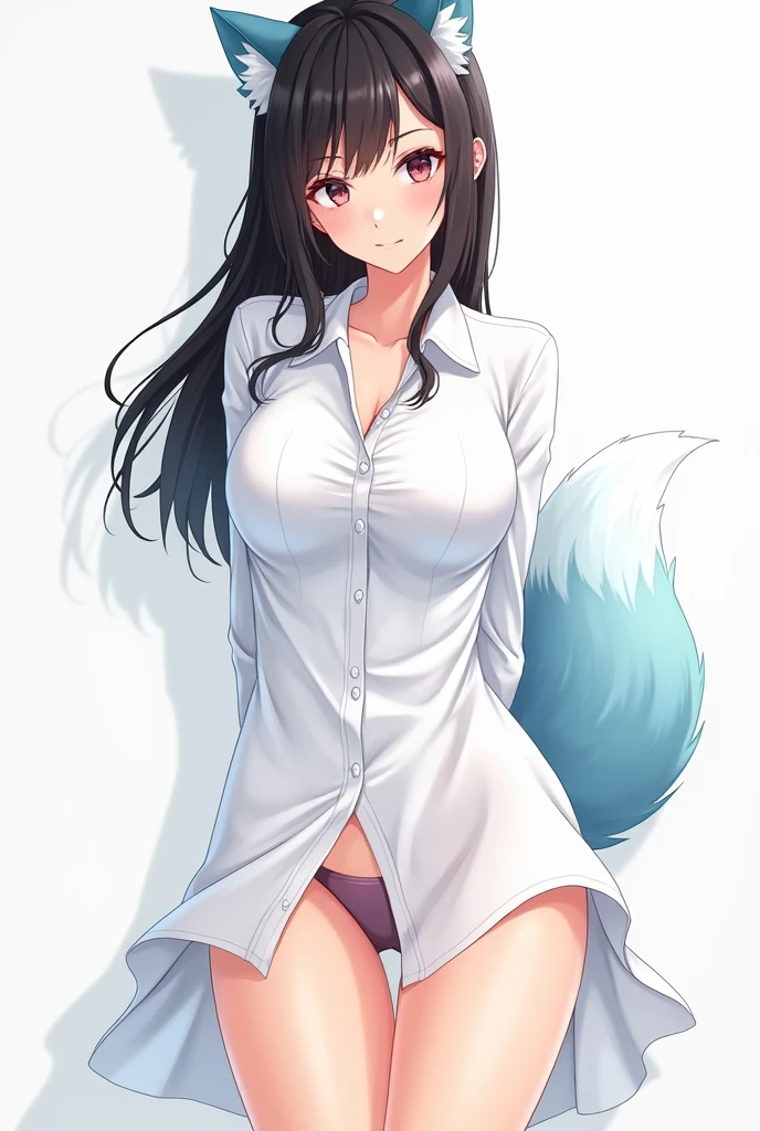 Three Cute short, 17 year old females, with long black hair and red eyes, that is 4 foot 8 inches. one has small breast, hone has big breasts, and the other has medium breast, thick legs, face blushing, I have fox ears and tail, wearing an oversized shirt and no pants. No panties,