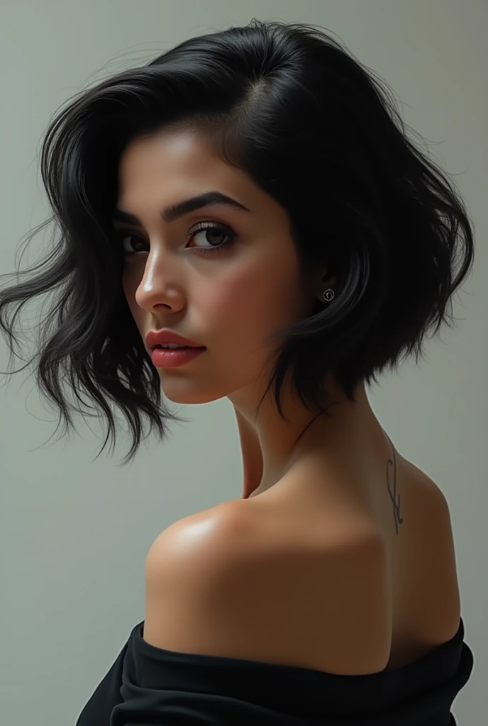 A sexy white woman with short straight black hair 
