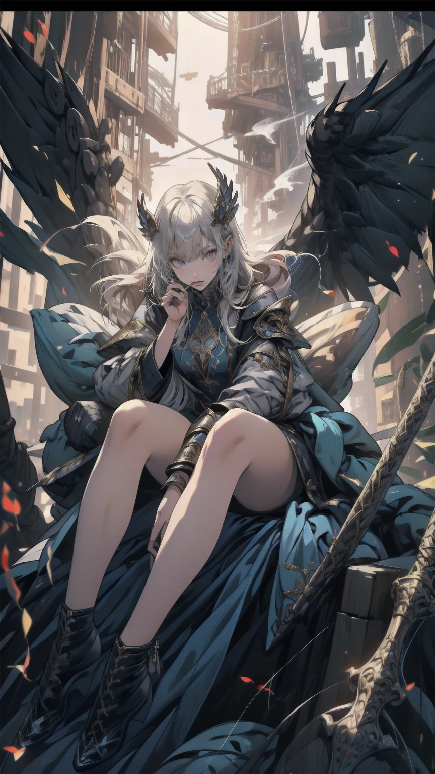 Watching the audience、,(whole body, Legs and shoes are visible: 1.2),.View your viewers、Holding a cigarette、Mysterious fantasy concept art, girl in black and Gold Armor, Gold Tiara, Gold Armor, Has a golden sword, Low Wing, Wings on the head, Multiple Wings, Winged Helmet, Glowing Sword, Glowing Rune, Conceit, Glowing Eyes, Good eyes, The pupils constrict, glowing Good eyes, tsurime, I parted my lips, magic circle, glory, glory light, glory light \(arms\), Lighting, Swirling lights are shining, gem, blue gemstone, with a dynamic and Magical background, Looking down, masterpiece, Best Quality, grow, Celestial, Mysterious, Picturesque, amazing, Majestic, Magical, Fantasy art, Cover art, Dreamy, Multilayer Texture, High resolution, High Dynamic Range, Maximum clarity and sharpness, Multilayer Texture,