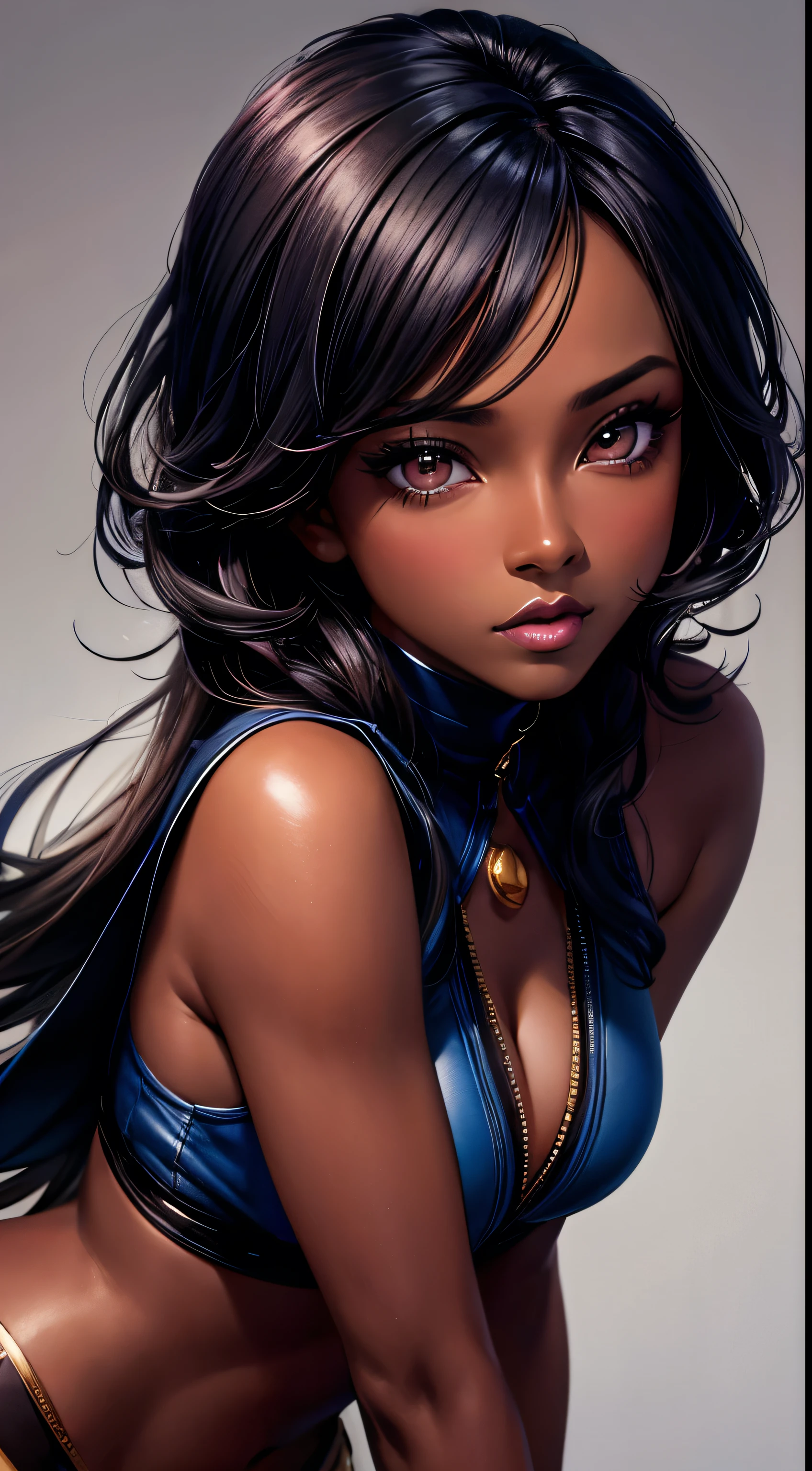 "(ultra detailed and realistic anime girl), (hyper detailed and realistic eyes with highlight in iris and texture-rich shadow), (extremely detailed and textured black skin), medium plane, (blue background with light effect), dark blue hair with loose side braid, light pink blouse with bow on the front)"