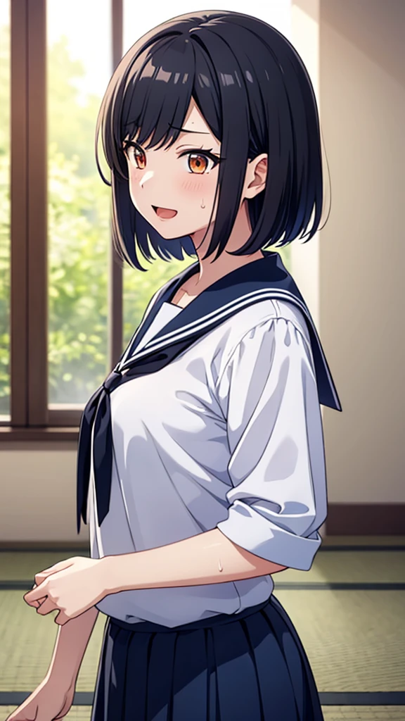 ((masterpiece, Best Quality, Very detailed, Very nice 8K CG wallpaper)), , A little thick, Medium Hair, Slightly dark blue black hair, Short Hair, Dark orange eyes,judo player、Sailor style uniform、Large bust、Sailor suit、mini skirt、judo、Cute expression、Inside the judo Gymnasium、、On the tatami、discovery、One Girl、whole body、rest、Shiraishi Apricot、Bust size: D cup、幼い頃judo家によって育てられた、Sweating