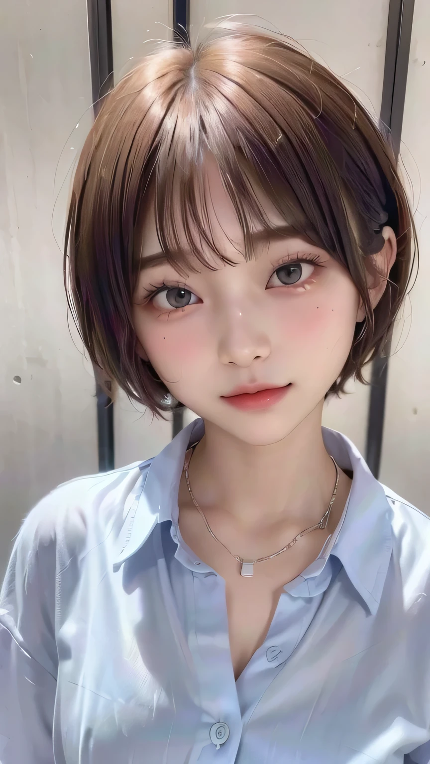 (Best Quality:1.3)、(Masterpiece:1.4)、Original photo、8k、((Best image quality))、 ((High resolution))、Beautiful face in every detail、Realistic human skin、Gentle expression、(Cute natural anime face)、(One Woman:1.3)、Realistic、Photorealistic、Short Hair、(Beautiful woman)、((Cool Japanese Girls))、(boyish:1.5)、mannish、((Beautiful woman))、(Beautiful Hair)、((Dark brown hair))、(Blushing:1.3)、(Fashion Model:1.3)、(Every woman admires her face:1.3)、((Her eyes are big))、20-year-old beauty、(Small face:1.3)、Small Head、((Long neck))、(High school girls)、uniform、(Japanese high school uniform)、(High school girlsのuniform)、((White button-up shirt))、(A shirt with a wide open chest)、Collared shirt、(necklace)、(The aspirations of young people)、(The center of attention in school:1.3 )、Everyone will love her、It looks like you can see her cleavage、Attractive lips、[[smile]]、(She has a great figure)