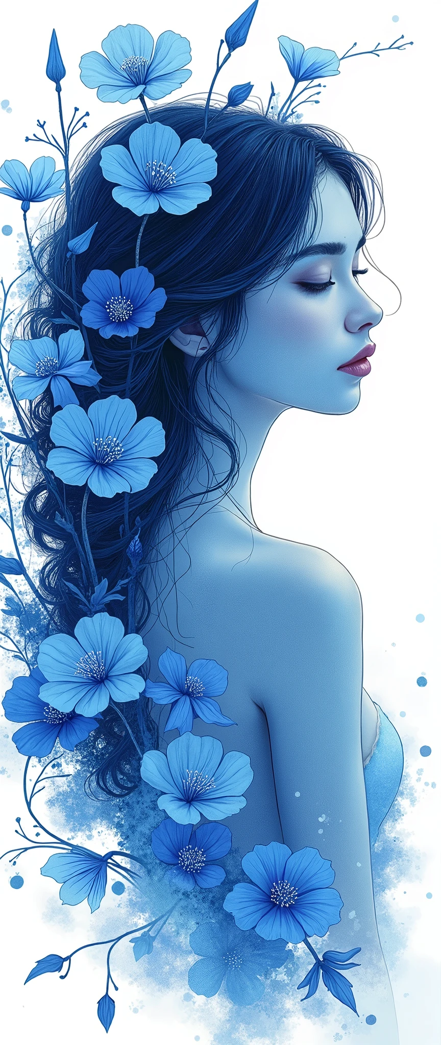 A close up of a woman with long hair and flowers in her hair - SeaArt AI