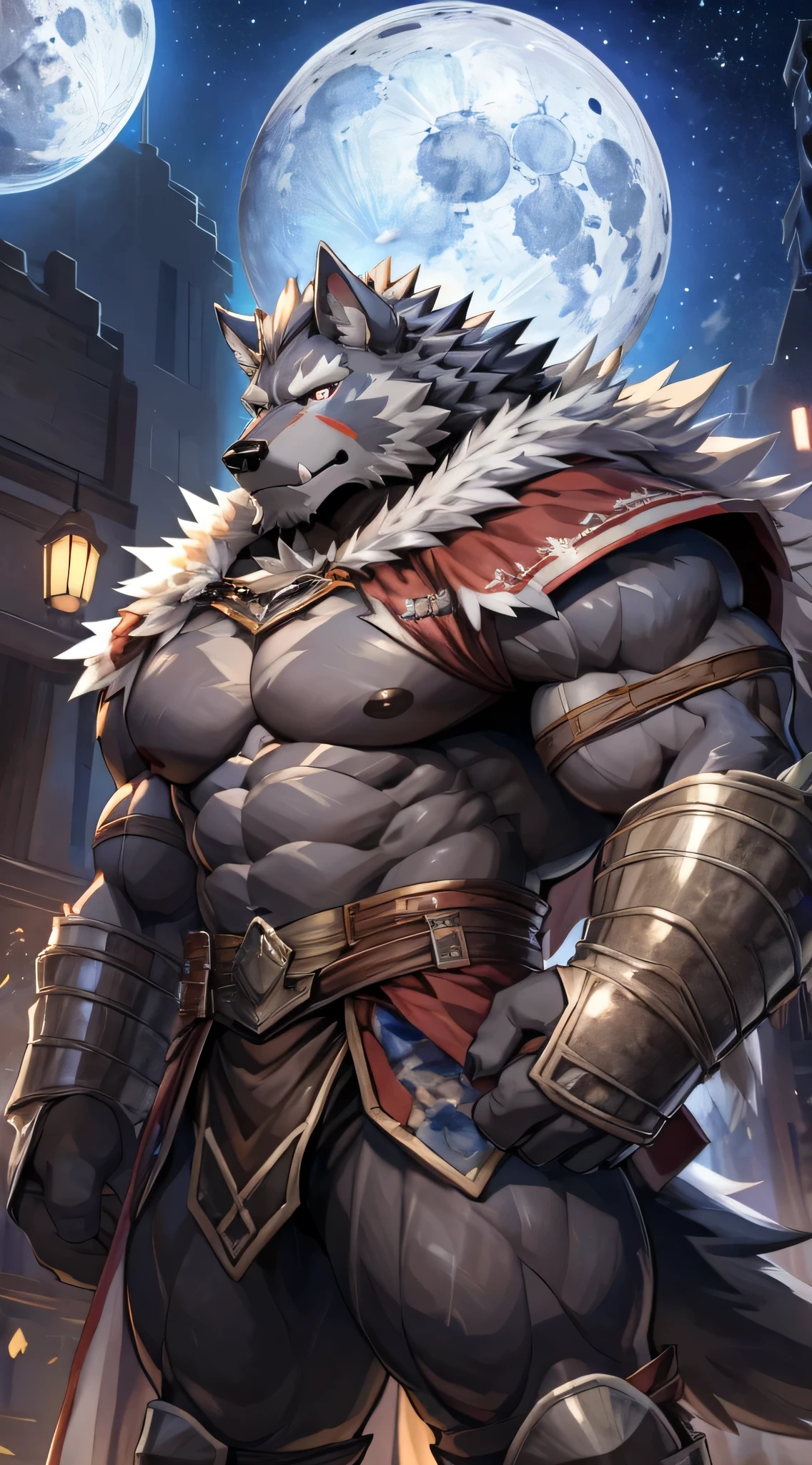 Solitary,Masterpiece high quality,(Delicate eyes),毛茸茸的公wolf,((wolf)),Huge muscles,Huge body,Looking at the audience,Japanese cartoons,Viewers,Show muscles,((warrior)),night,moon,Growth,(author：null-ghost),Pino Deheny