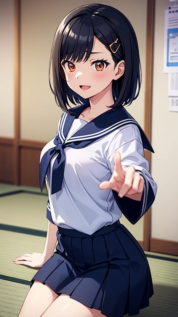 ((masterpiece, Best Quality, Very detailed, Very nice 8K CG wallpaper)), , A little thick, Medium Hair, Slightly dark blue black hair, Short Hair, Dark orange eyes,judo player、Sailor style uniform、Large bust、Sailor suit、mini skirt、judo、Cute expression、Inside the judo Gymnasium、、On the tatami、discovery、One Girl、whole body、rest、Shiraishi Apricot、Bust size: D cup、幼い頃judo家によって育てられた