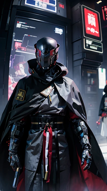 cyberfusion,Shinsengumi Haori assassin robot cyborg wearing robes cape,elite corporate security, cyberpunk shopping district