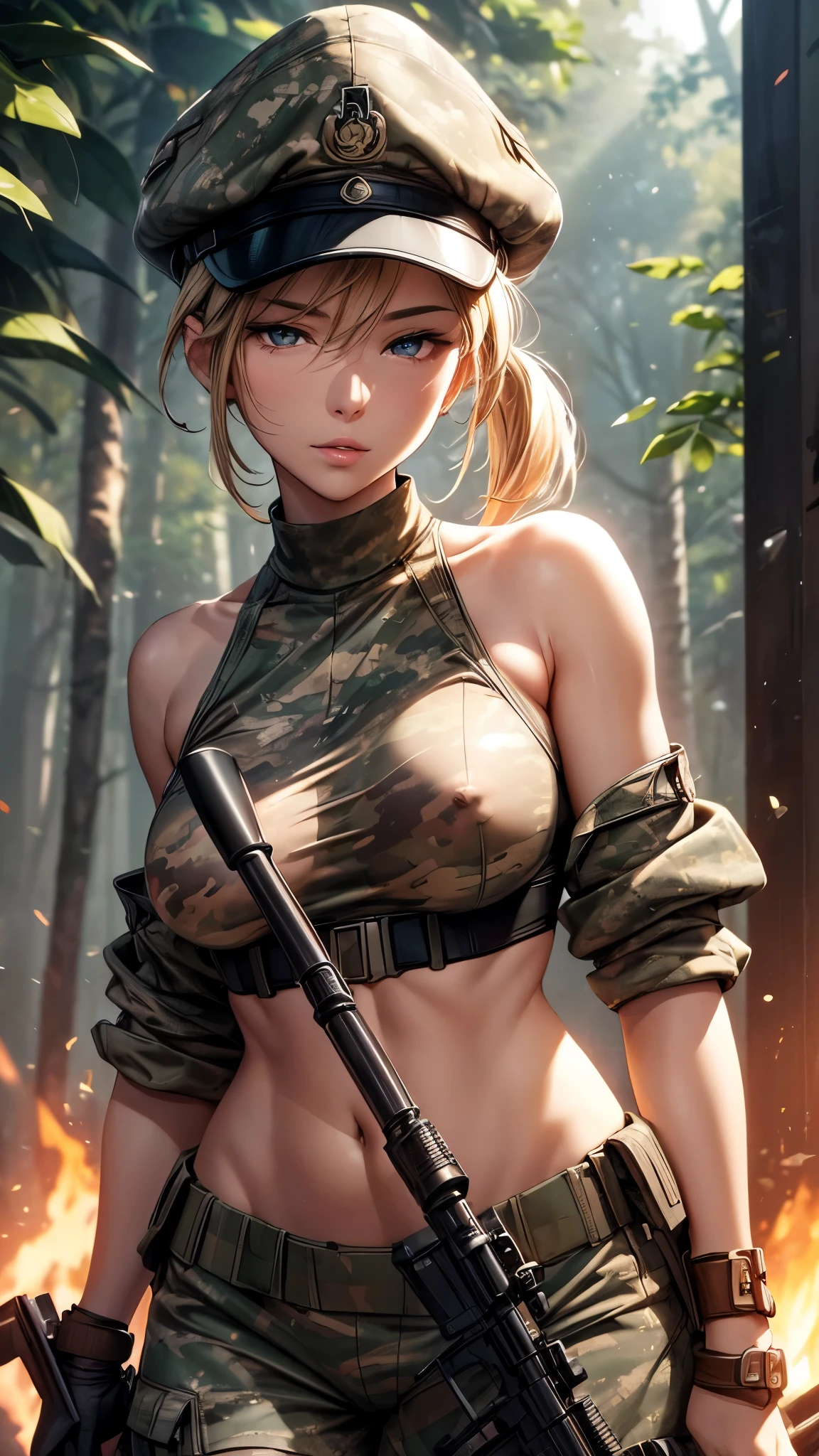 1woman 20 years old, max resolution, sculpted, military, wearing an army helmet, beautiful, perfect body, blonde hair, blue eyes, perfect body, thin waist, wide hips, large breasts, slim thighs, jungle background, armored vehicle, camouflaged uniform, tight panties, two-piece, highly detailed, high resolution, perfect hands, side view, camo, bare shoulders, crouching, full body shot