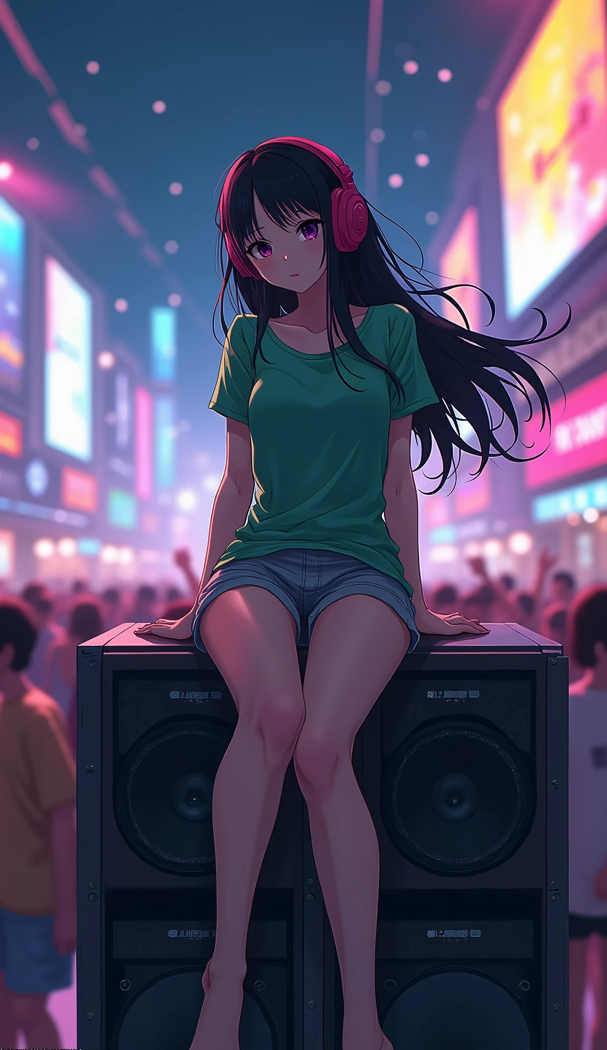 Anime lady with long black hair, wearing green shirt and grey shorts, wearing headphones sitting down on big speakers at night