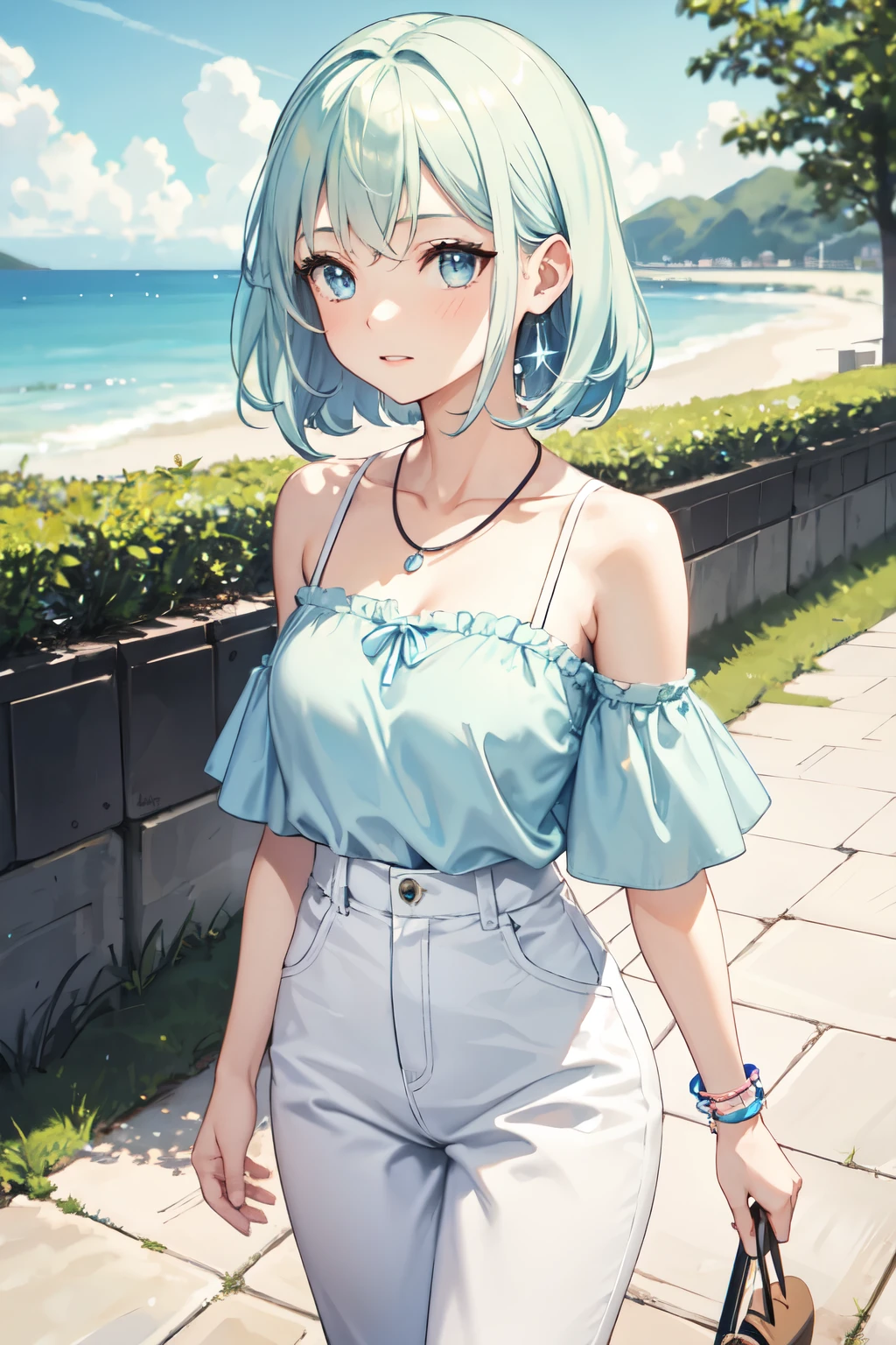 Official art、Top quality ultra-detailed CG art、a beauty girl:1.2)、blue hairs、Glossy hair、smooth hair、large blue eyes,Mid summer、kawaii、The sky is beautiful、Cute、bob cuts、sports wear、Smooth clothes、ssmile、It features a simple、Naked、