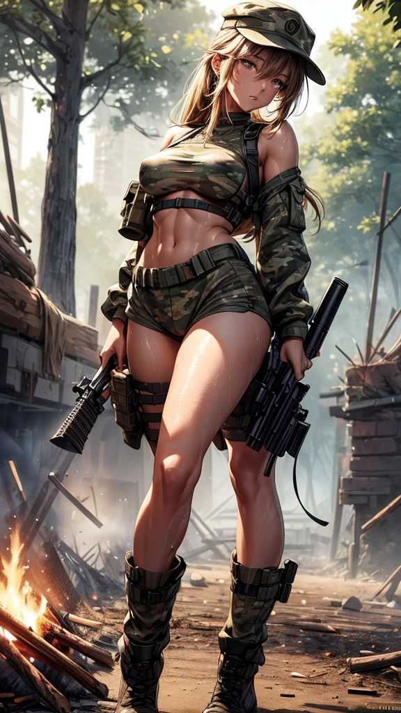 motor irreal:1.4,CG ultra realista 64K, fotorrealista:1.4, textura de la piel:1.4, top 1girl wearing bikini ,gatling gun, shell casing, looking at viewer, bangs, ammunition belt, gloves,saggy breasts,firing,In the picture, a beautiful girl wearing bikini with long hair with black messy hair appears,s delicate face,Wearing a bikini metal,standing on ruins,The action of a woman holding a heavy sniper rifle in her hand,clevage dress, army chain,background of war jet DSLR, F/2.8, 5D, 16k, Super-Resolution . realistic style, key visual, vibrant,, showing clevage, realistic, stripes of camouflage makeup on her face at a 45 degree angle, a tough broad,
