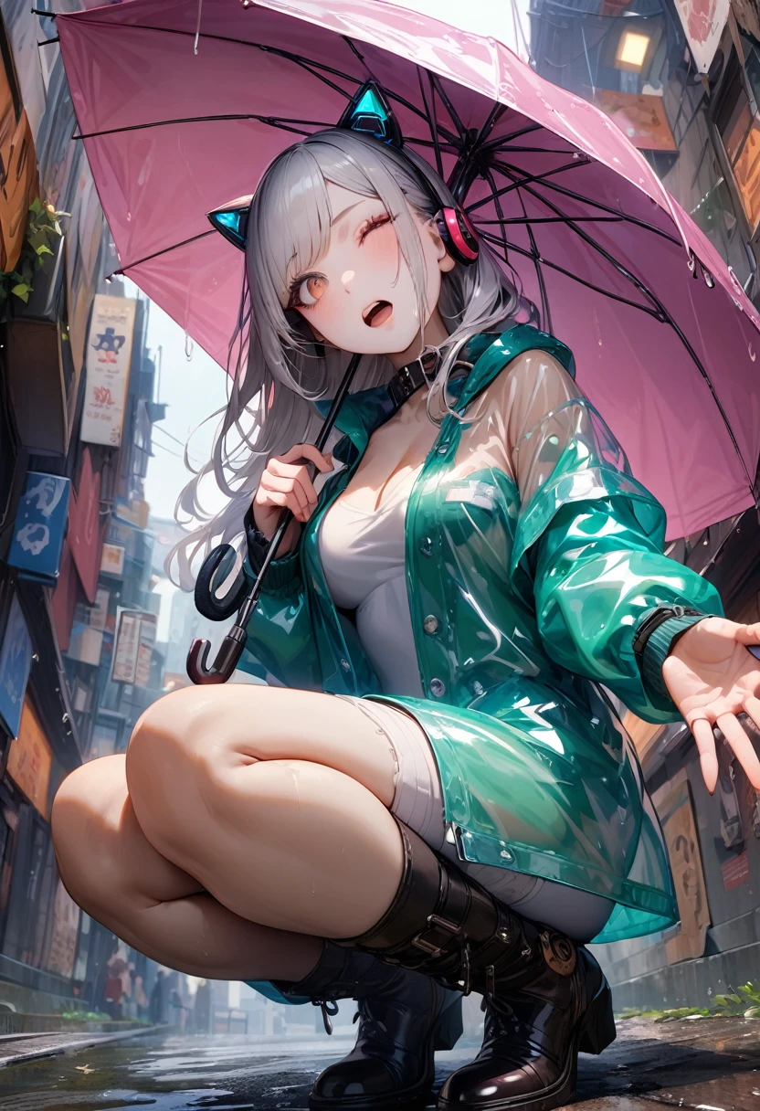 (best quality, masterpiece:1.3), very aesthetic, absurdres, high resolution, 8k, detailed face, official art, realistic, brown eyes, swept bangs, long hair, silver hair, robot cat ears, headphone, food, (oversized Transparent open raincoat:1.13), Sleeves that cover the wrists, (aqua minidress, pencil dress, silk dress:1.13), medium breasts, (cleavage:0.9), Thigh Band, collar, textured skin BREAK (umbrella, hand holding umbrella:1.13), (knees together squatting, outstretched hand), head tilt, one eye closed, open mouth, sigh, (rain, alley, Cyberpunk:0.9), (from below), from side,