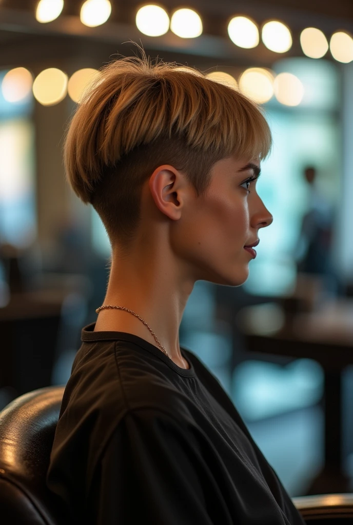 woman 50 years old, bowl cut with shaved nape to the occiput , sitting in a hairdresser's chair, completely seen from behind, zoom on the neck , beaucoup de lumière ,