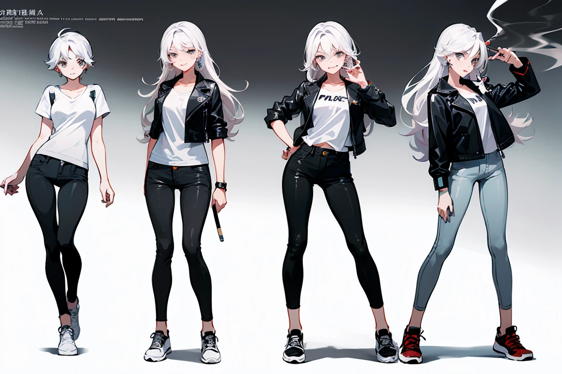 
Carapucha Remix Tips Copy Tips Best Quality, Detailed face, Character Sheet,(((Young woman:1.5))), ((whole body:1.2)), Full of details, Various postures and expressions, Very detailed, Depth, 1 Young woman, No bangs, (Long white hair, Grey sexy eyes, Straight Hair, Black T-shirt and leather jacket combination, Medium chest, High neckline, strap, Suspense, skinny black jeans, White running shoes, Rocker Style, Sexy smile and pose,Discolored skin, Smoking a cigarette, Tattoo, Earrings 