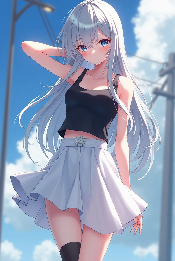 Create the same image of a single beautiful anime girl of 2 with white skin and aqua blue hair color with blue eyes with a white miniskirt all flirtatious showing sensual poses with underwear in the city of Buenos Aires.