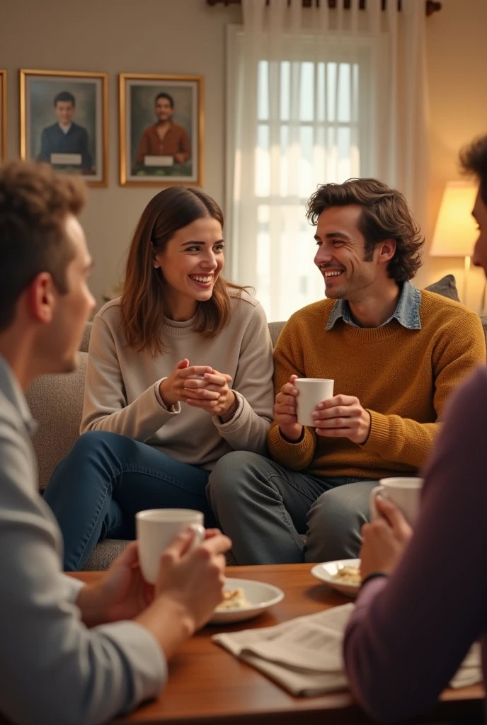 8 people conversing in a room

