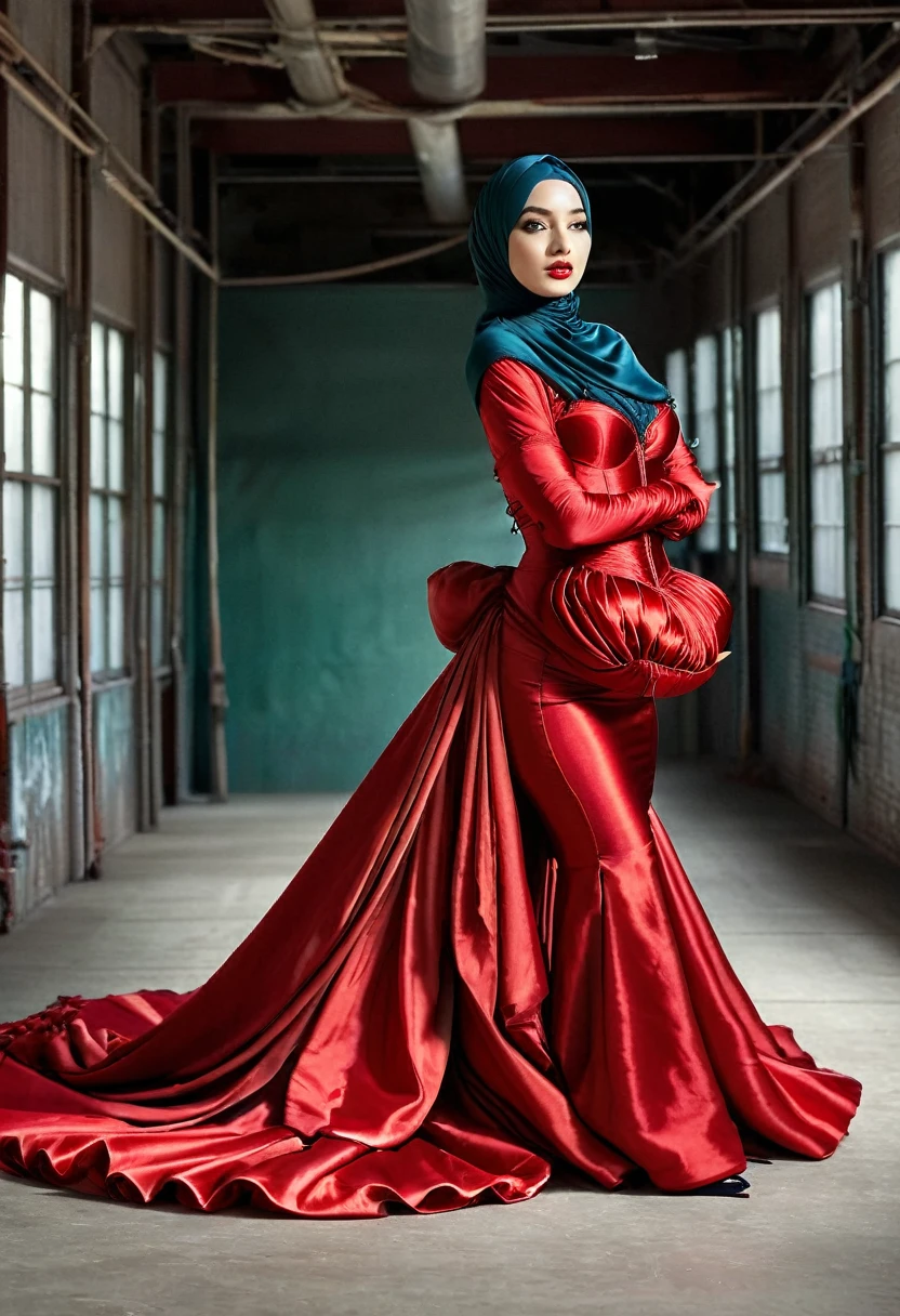 A woman shrouded in a 10-meter-long, plush red satin cloth, tightly bound and grandly draping along the form of her body, wear corset ,ballon sleeves, flowing off into a pooled floor-length train, styled in a mermaid-inspired outfit, her head modestly veiled in a satin hijab, tall woman, walking in photo studio, a full-body pose posing in front of people, captured in a 4k resolution, ultra-realistic