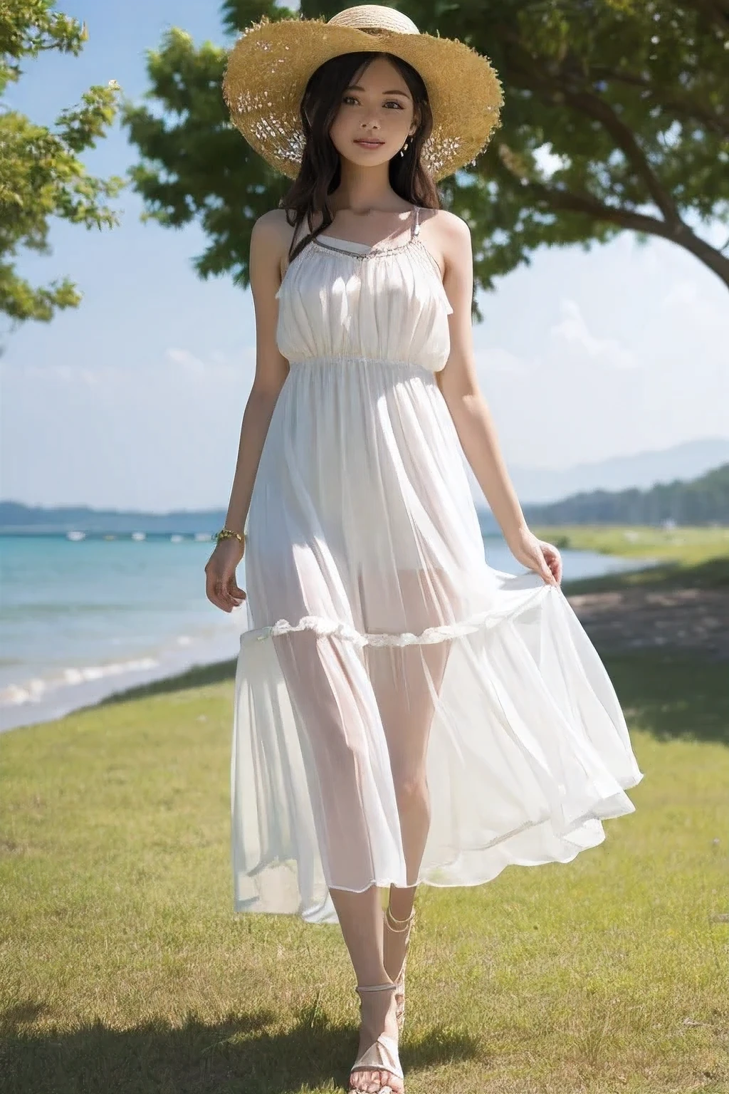 (Summer beach、Walking along the beach、Standing in a resort、Blue sky、Beautiful sea)、(White dress:1.4、Mini dress:1.3、Sandals)、(Realistic、Like a photograph、Live Action、8K, Photorealistic, RAW Photos, Best image quality: 1.4), Single-lens reflex camera、RAW Photos, Highest quality, Realistic, Highly detailed CG Unity 8K wallpaper, Written boundary depth, Cinematic Light, Lens flare, Ray Tracing, Realistic background、((Ultra-dense skin))、 One age girl traveling to Okinawa,Cute Japanese Woman、((whole body:1.5),Look away:1.1、Short Bob Style:1.2、I like that style、Stylish、Very detailed、Pay attention to the details、The perfect outfit、(White skin)、Beautiful legs:1.1,View from below、Accurate hands、Accurate legs、Detailed hand and fingers、Anatomically correct body