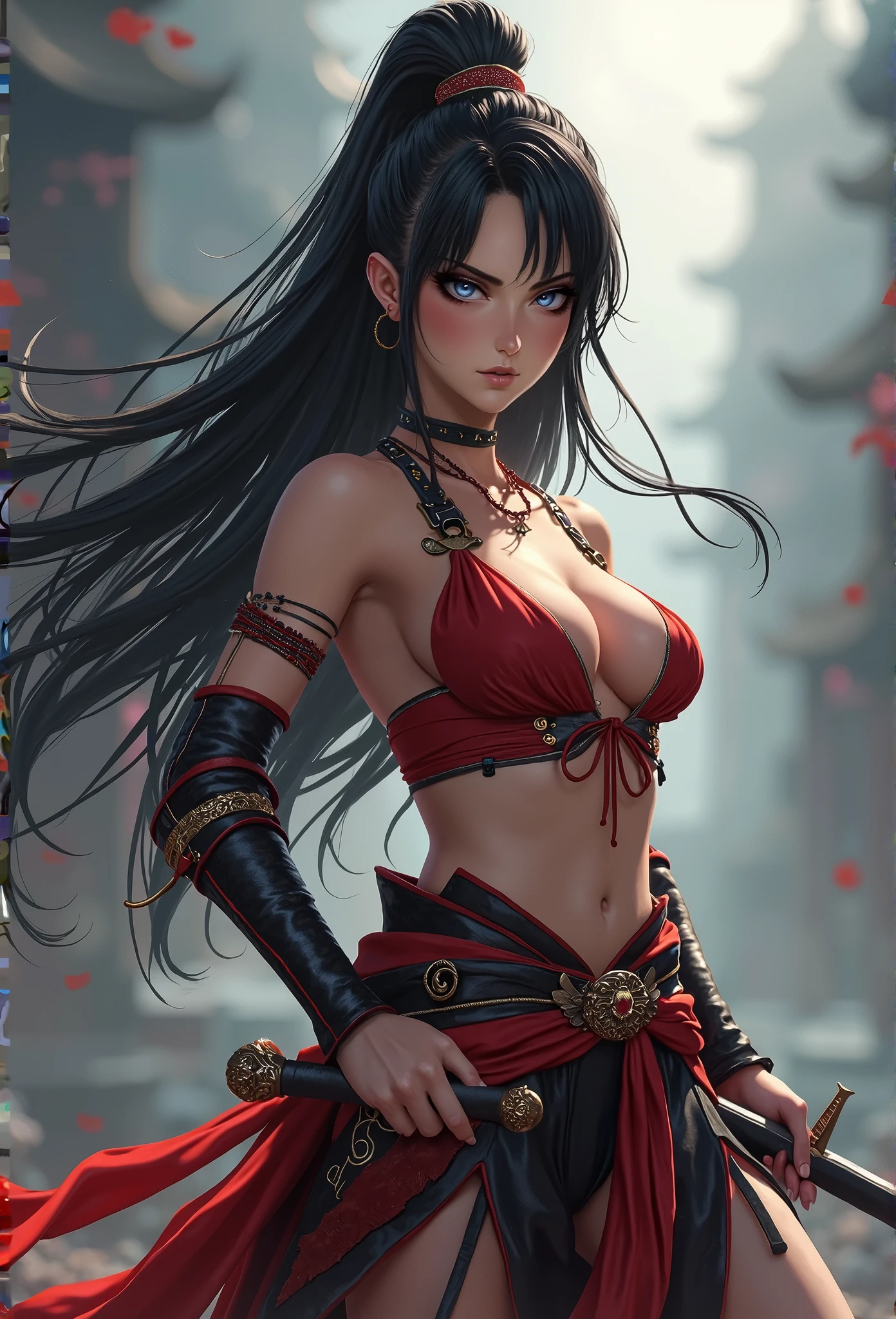 girl, ancient tribal warrior, combat stance, facepaint, bodypaint, sexi, medium sized breasts, vibrant appearance, creative behavior, imaginative, sensual, spontaneous, cute, sexy, long hair, ponytail, tanned skin, moist skin, steam coming out of mouth, slut, whore, dark hair, ropes, loincloth, red and black loincloth, loincloth, nipples, blushing, wearing a long black and red loincloth, jewelry, jungle, rainforest, lots of trees, humid, seductive, lost, alone, isolated, sitting in a tree, skinny,