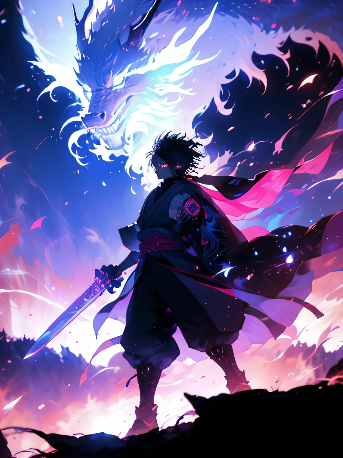 In a scene brimming with tension and determination, Kamado Tanjirō stands with an imposing presence amidst a devastated landscape. His face, marked by unwavering resolve, is illuminated by the flickering light of a blood-red twilight. His eyes, filled with both courage and compassion, gaze out towards an uncertain horizon as he lifts his sword onto his shoulder with a poised yet formidable grace. The sword, its blade gleaming with a sharp brilliance, rests heavily against his right shoulder, its weight contrasting with the fluidity of his movement. His haori, fluttering in the breeze, adds a splash of vibrant color against the dark backdrop of the surrounding scenery. The air is thick with palpable energy, every detail—from the subtle gleam of the blade to the rugged texture of his kimono—seems to pulse with the rhythm of his brave heart, ready to confront the unknown.