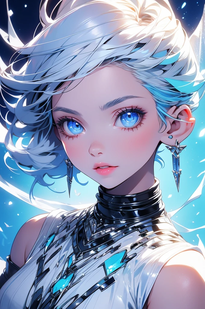 (masterpiece), (high-level image quality), (ultra-detailliert), (short-hair), (illustratio), (1girl in), animesque、anime styled、 (1人の女性)No accessories、Close up portrait of woman with amber hair、Very beautiful glowing eyes, Like crystal clear glass、Tank Tops、Summer clothes、4K high-definition digital art、stunning digital illustration、Stunning 8K artwork、colorfull digital fantasy art、Colorful and bright、beautiful digital works of art、Colorful Digital Anime Art、Portrait of beautiful woman、8K HD Digital Wallpaper Art、