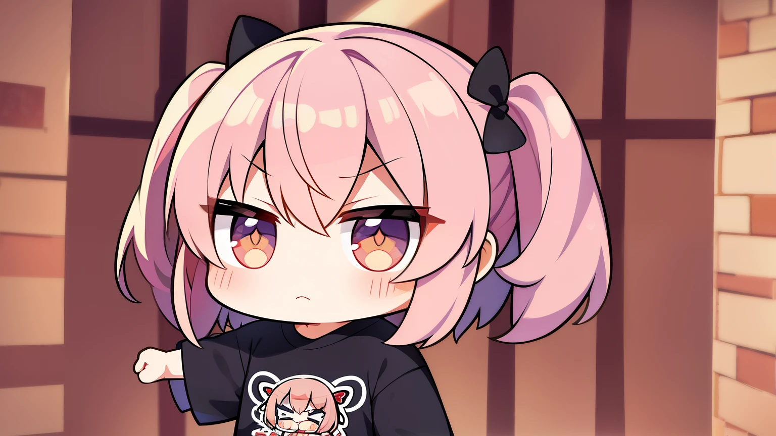 1girl, solo, ilulu \(maidragon\), kedama milk, ciloranko,
long hair, pink hair, low twintails, red eyes, horns, , black shirt, t-shirt, grin, 
white background, simple background, upper body, 
best quality, amazing quality, very aesthetic, ((pixelart))