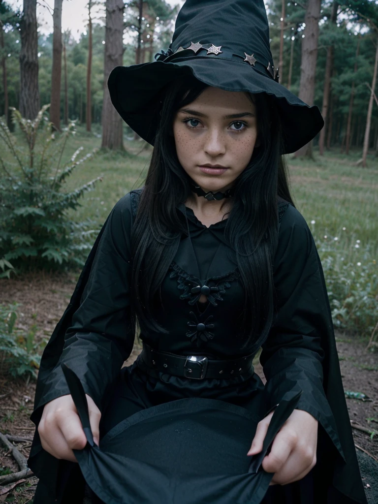 black hair, freckles, wearing a witch hat and witch costume, sexy witch costume, (8 years_old:1.5), magic spell on hand, blue magic aura, forest, cowboy shot