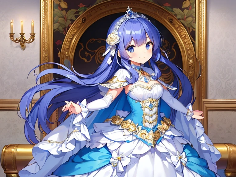 full body,(masterpiece),(best quality),(ultra-detailed), rococo style,(long train blue cape),(long train white ball gown with flowers), a girl is wearing a cape over her dress, 1 little princess, tiara, smile, very long hair, small breast