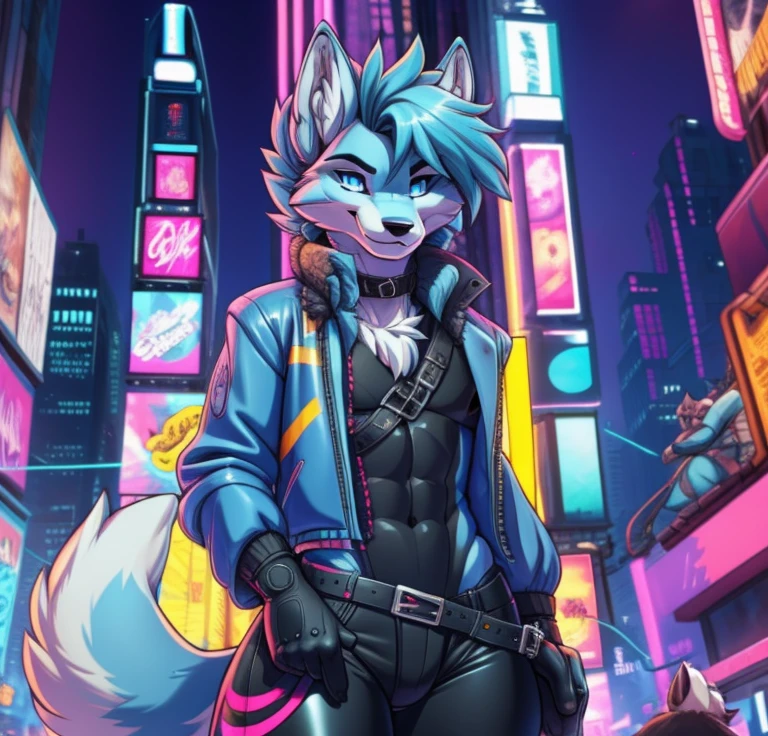 Best quality, Super detailed illustration, cartoon illustration, a furry male wolf, blue eyes, village clothing, detailed face and body, disheveled thick light blue gray colored hair, dark red fur, two-tone light blue and white fur, light blue wolf tail, blue and yellow striped leather coat, red pants, smug smile, beautifully detailed eyes, against the background of Times Square in the cyberpunk era, retrowave, skinny, wide hips, style