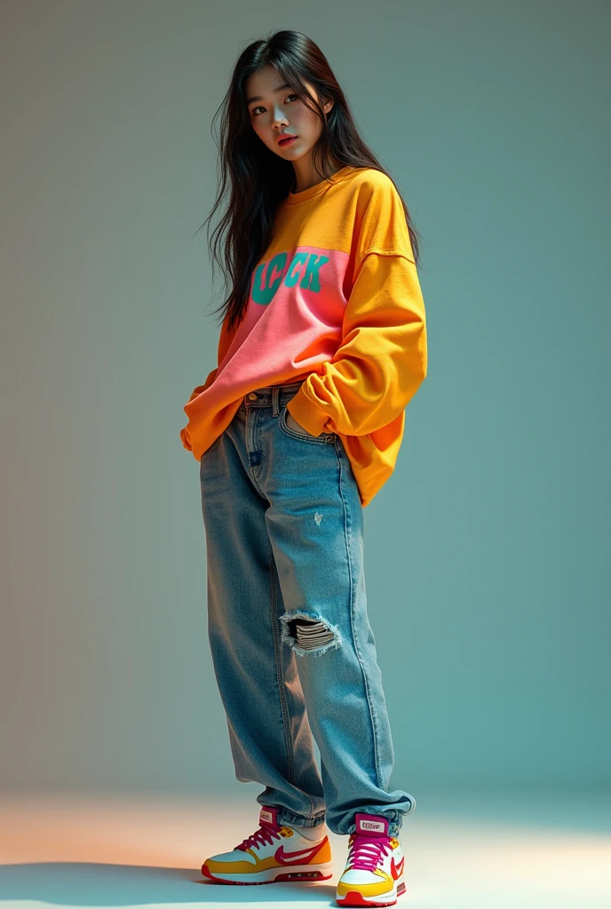 17 year old Asian woman, seen from afar, sitting blankly in the living room, wearing a thigh-length jeans skirt and a long-sleeved t-shirt, patterned with white and blue stripes, the ends of which are tucked into the skirt.