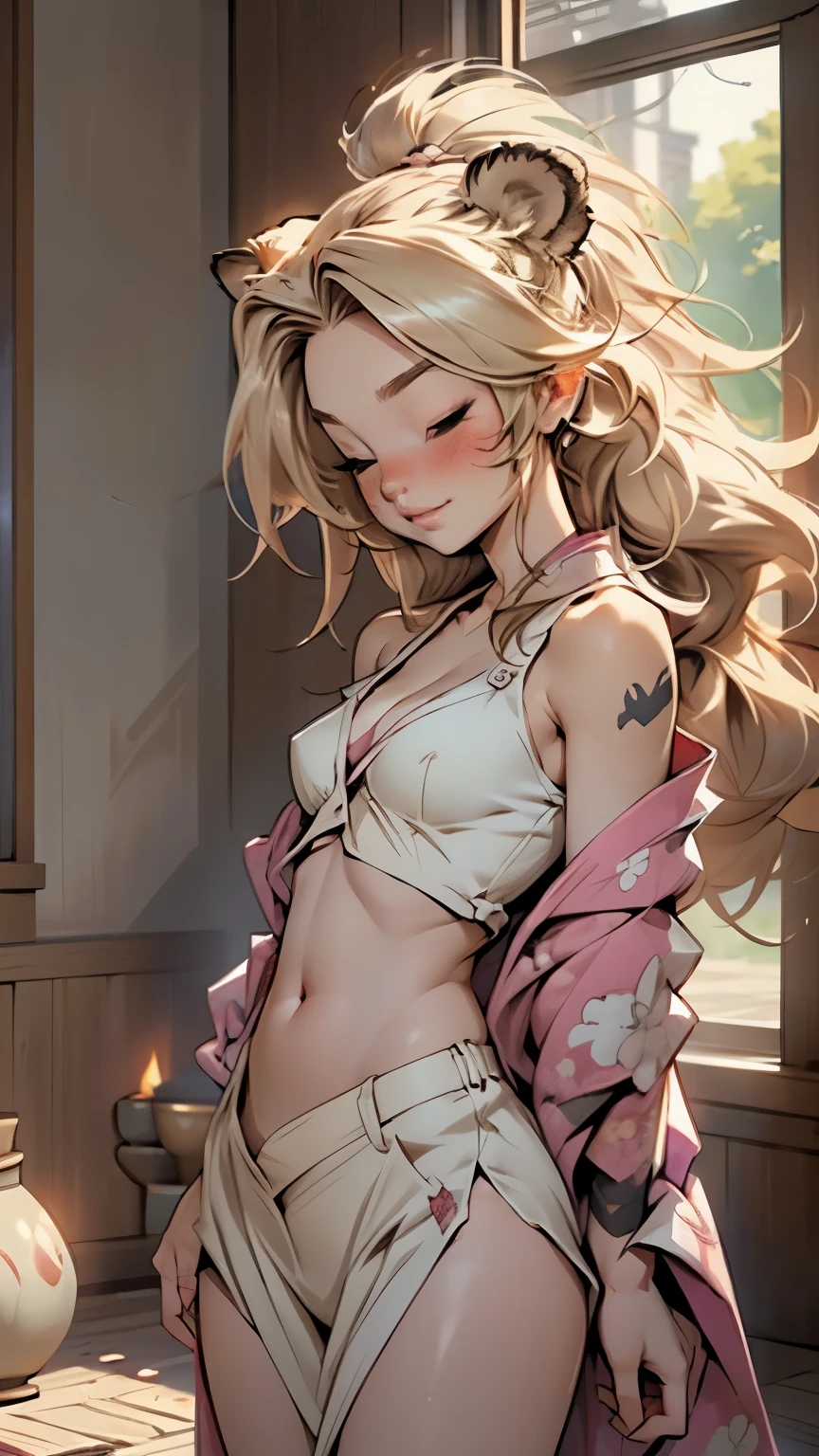 1Girl, mischievous smile, light pink hair, very long hair, hair tied in a very long braid, (yellow Eyes:1.4), (medium breasts:1.5) nipple rings, (erectile nipples:1.1), shibari, blushing, wanting to have sex, naked, nude, no clothes, no panties, BREAK indoors, red flowers in background light particles, in close-up, BREAK looking at viewer, BREAK (masutepiece:1.3), Best Quality, High resolution, Unity 8k壁纸, (Illustration:0.8), (Beautiful detailed eyes:1.6), extra detailed face, Perfect Lighting, extremely details CG, (Perfect hands, Perfect Anatomy),