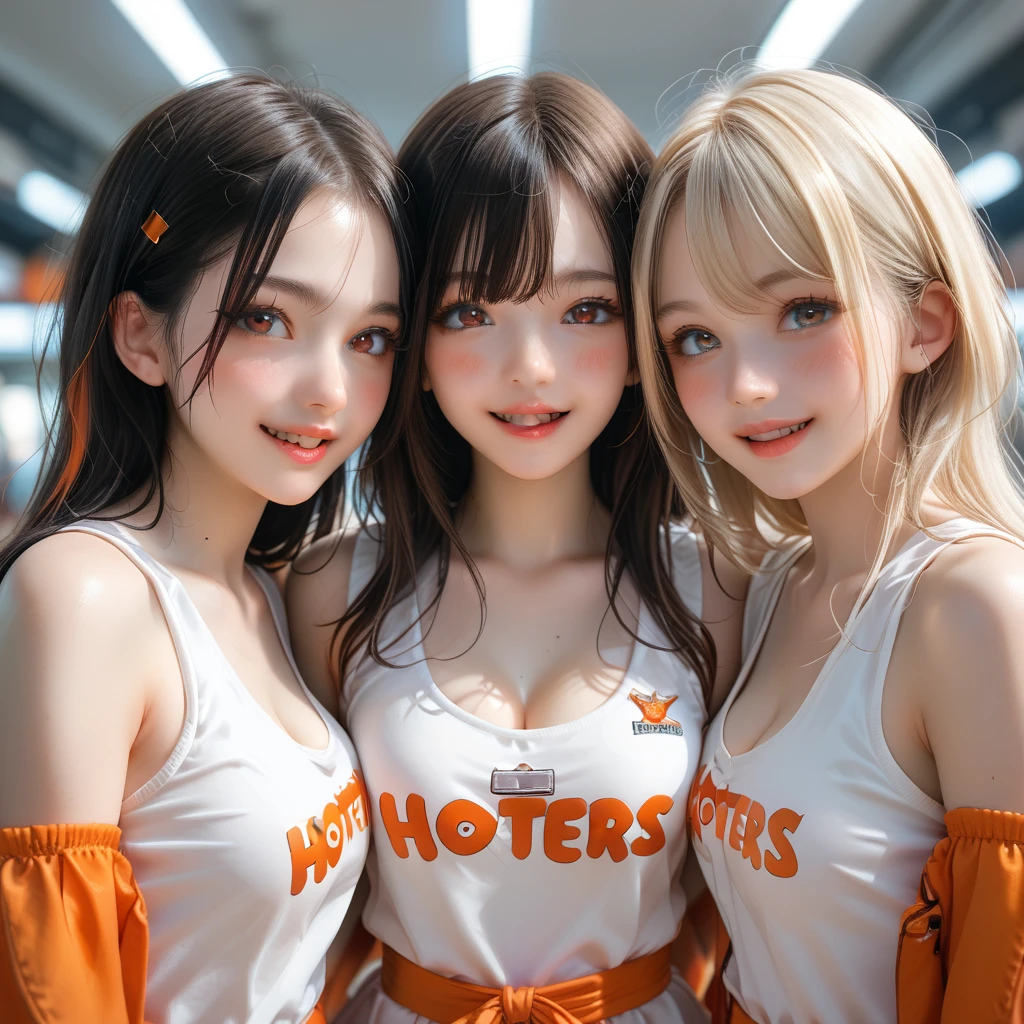 REALISTIC, ((3 girls are holding hand each other, welcome someone with open arms , they are face to face,)) BREAK medium Breasts, cleavage, (((perky breasts))), (covered nipples), slender waist, (facial expression,(great joy, excited)(half open eye:1.2), (parted lips:1.3), (blush:1.4) ,(feeling weak:1.5)) , (streaked hair, hair intakes, colored inner hair, glowing hair, ) BREAK (((extreamly closeup bust-up shot and fullbody shot , looking at viewer))), armed battle suits  in the cosmic space, 0range hooters uniform