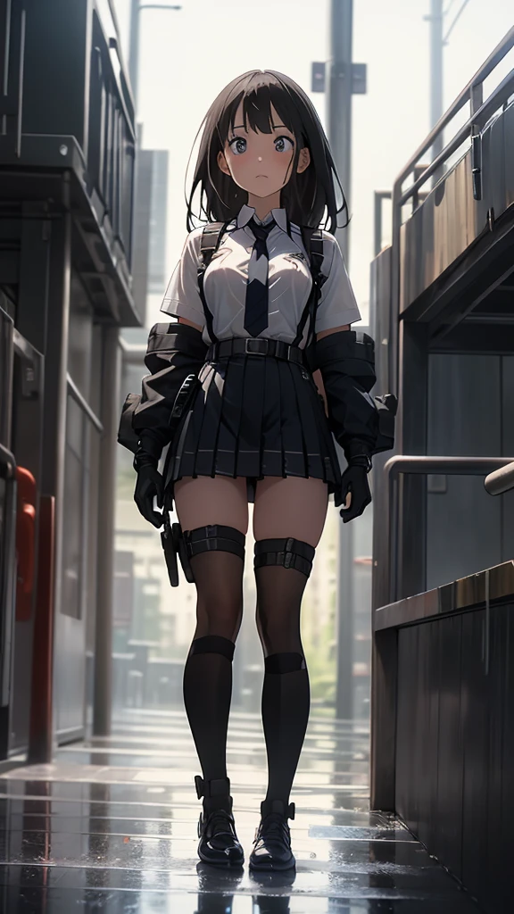 ((masterpiece, best_quality)), 1girl, (photorealistic:1.4), solo, white_background, black_hair, long_hair, Ruined city background, zettai_ryouiki, skirt, ((full_body)),